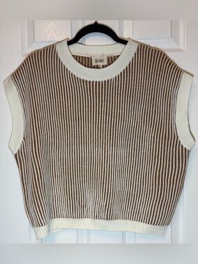 BiBi Brown & Cream Striped Knit Sleeveless V-Neck Sweater Vest
